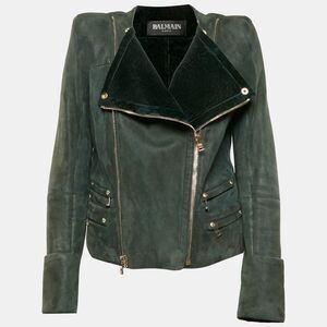 Balmain Green Suede Shearling Biker Jacket L